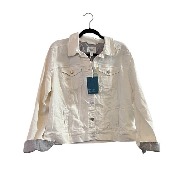 Market & Spruce Jackets & Blazers - NWT Market & Spruce White Denim Jean Jacket w/ Blue Striped Fold Up Cuff, 1X